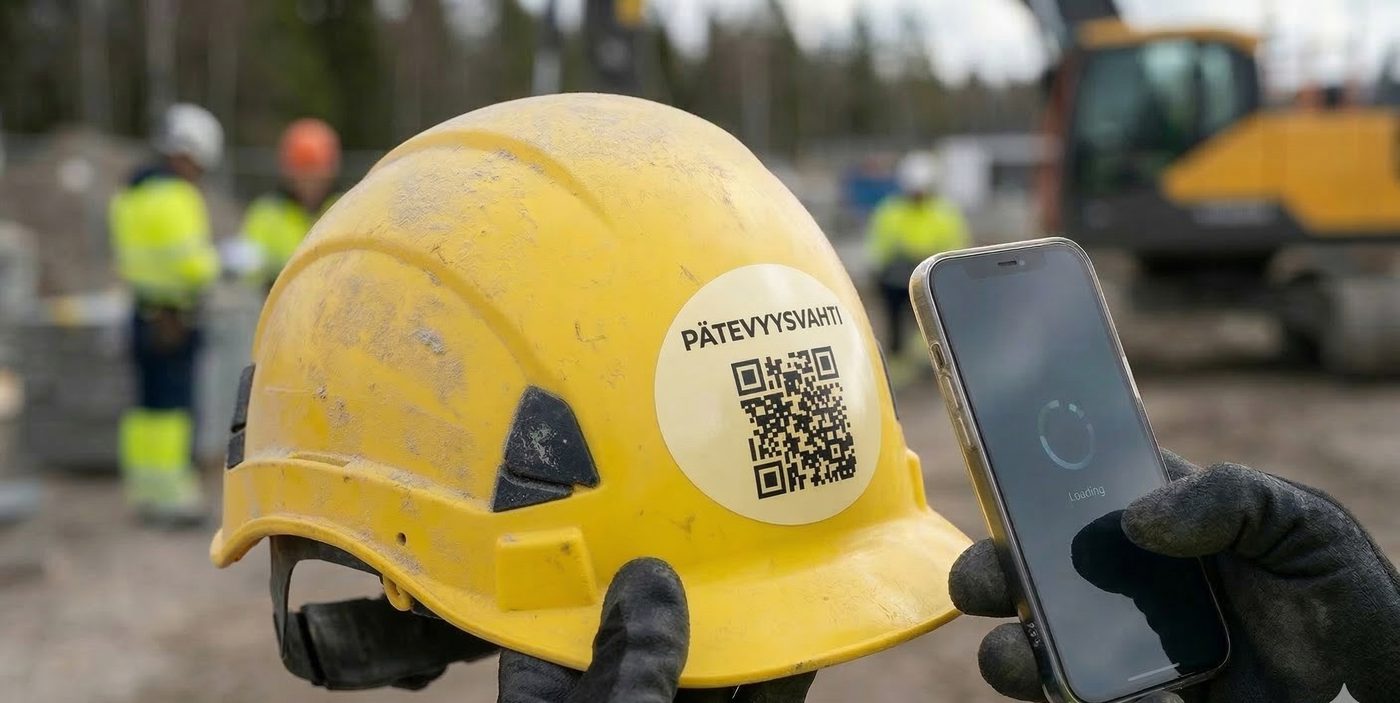 QR-koodi kypärässä \u2013 Pätevyysvahti skannaa pätevyydet puhelimella työmaalla
